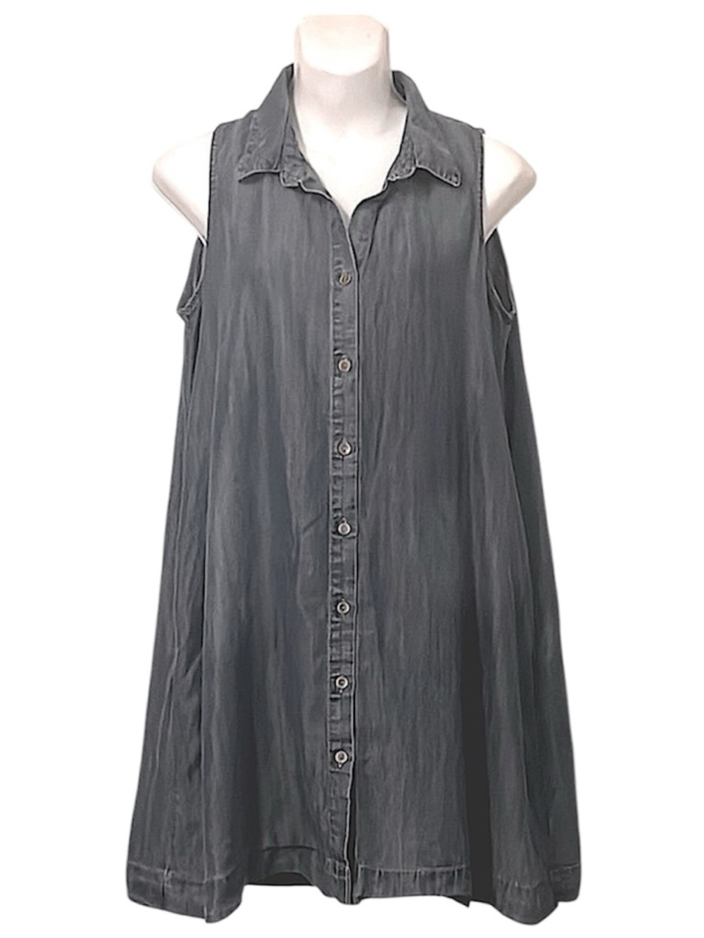 Sleeveless Button Down Blue Tencel Denim Collared Mini Dress L